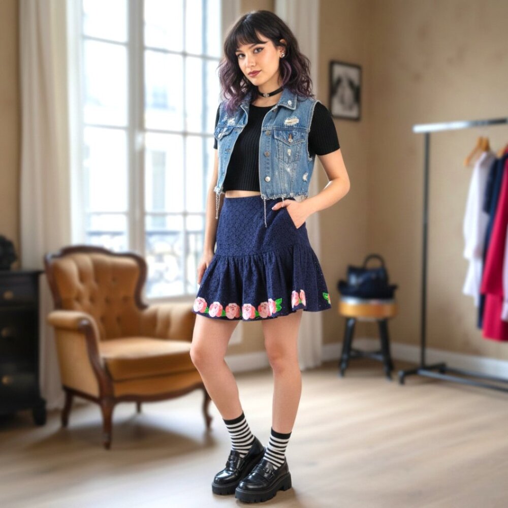 Manoush Paris Navy Eyelet Mini Skirt - Embroidered Rose Hem - Coquette FR 36/US